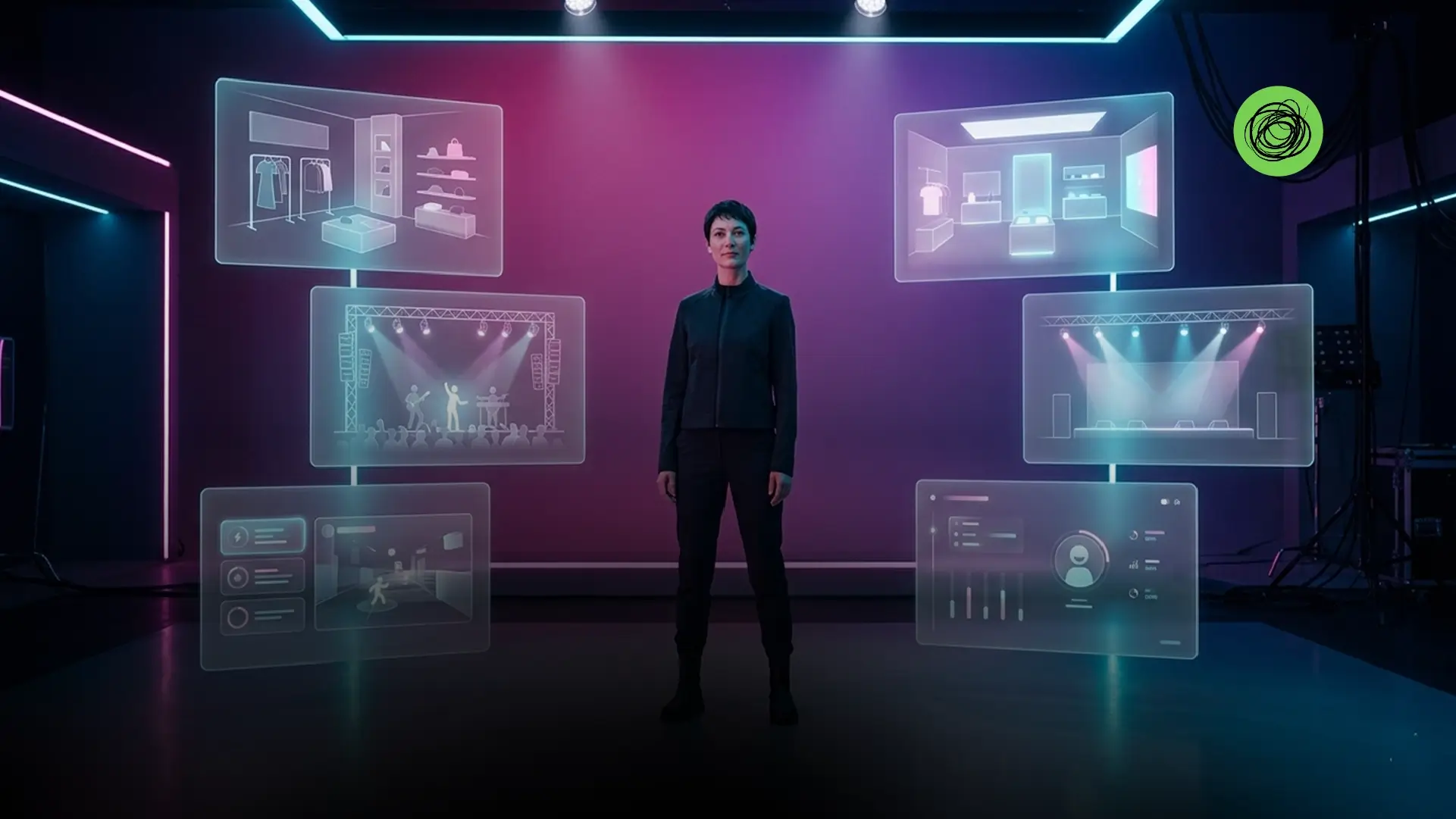 Futuristic metaverse scene with immersive brand experiences, virtual events, digital ads, and interactive consumer engagement.