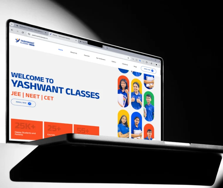 Modern educational website design for Yashwant Classes by Thinkster, featuring bright student imagery, bold typography, and intuitive enrollment CTAs for JEE, NEET, and CET courses.